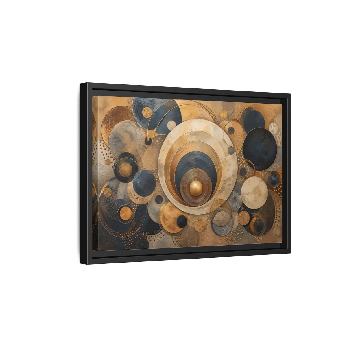 Side Mockup 6. Abstract Geometric Circles Gold And Blue Abstract shown as stretched canvas wall art