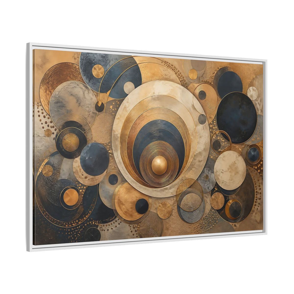 Side Mockup 7. Abstract Geometric Circles Gold And Blue Abstract shown as stretched canvas wall art