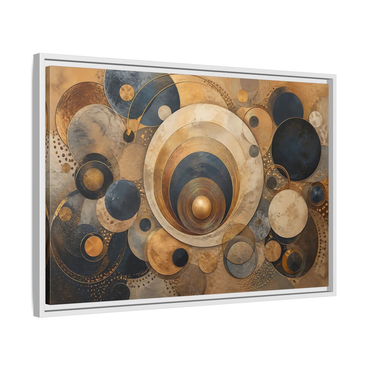 Side Mockup 10. Abstract Geometric Circles Gold And Blue Abstract shown as stretched canvas wall art