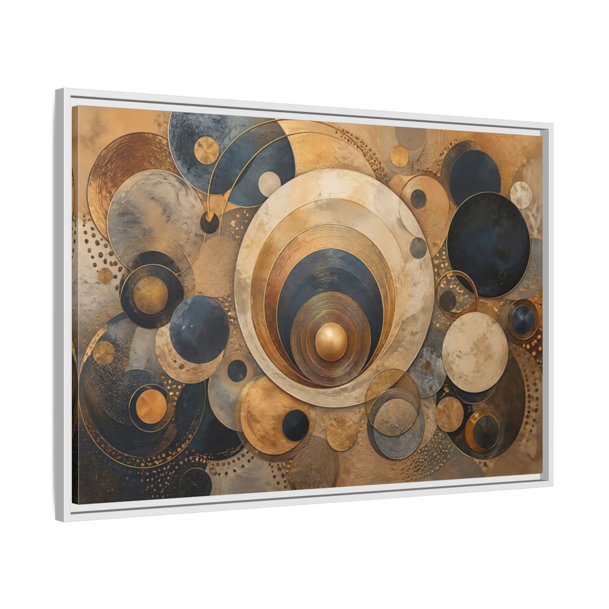 Side Mockup 9. Abstract Geometric Circles Gold And Blue Abstract shown as stretched canvas wall art