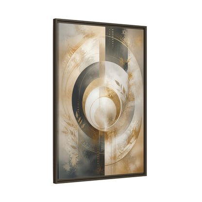 Main Mockup. Abstract Geometric Circles Gold And Gray Abstract shown as stretched canvas wall art