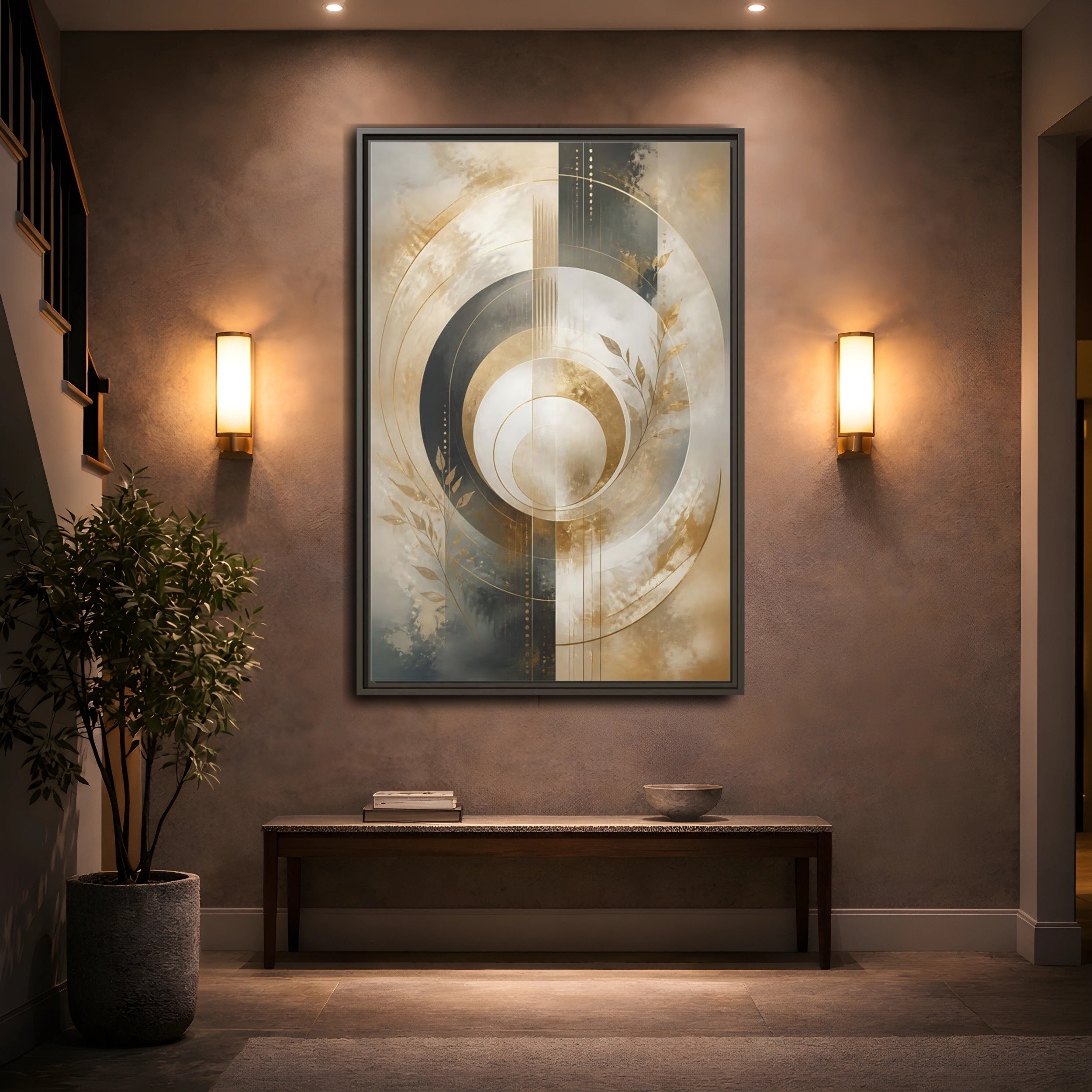 Mockup 2. Abstract Geometric Circles Gold And Gray Abstract shown as stretched canvas wall art