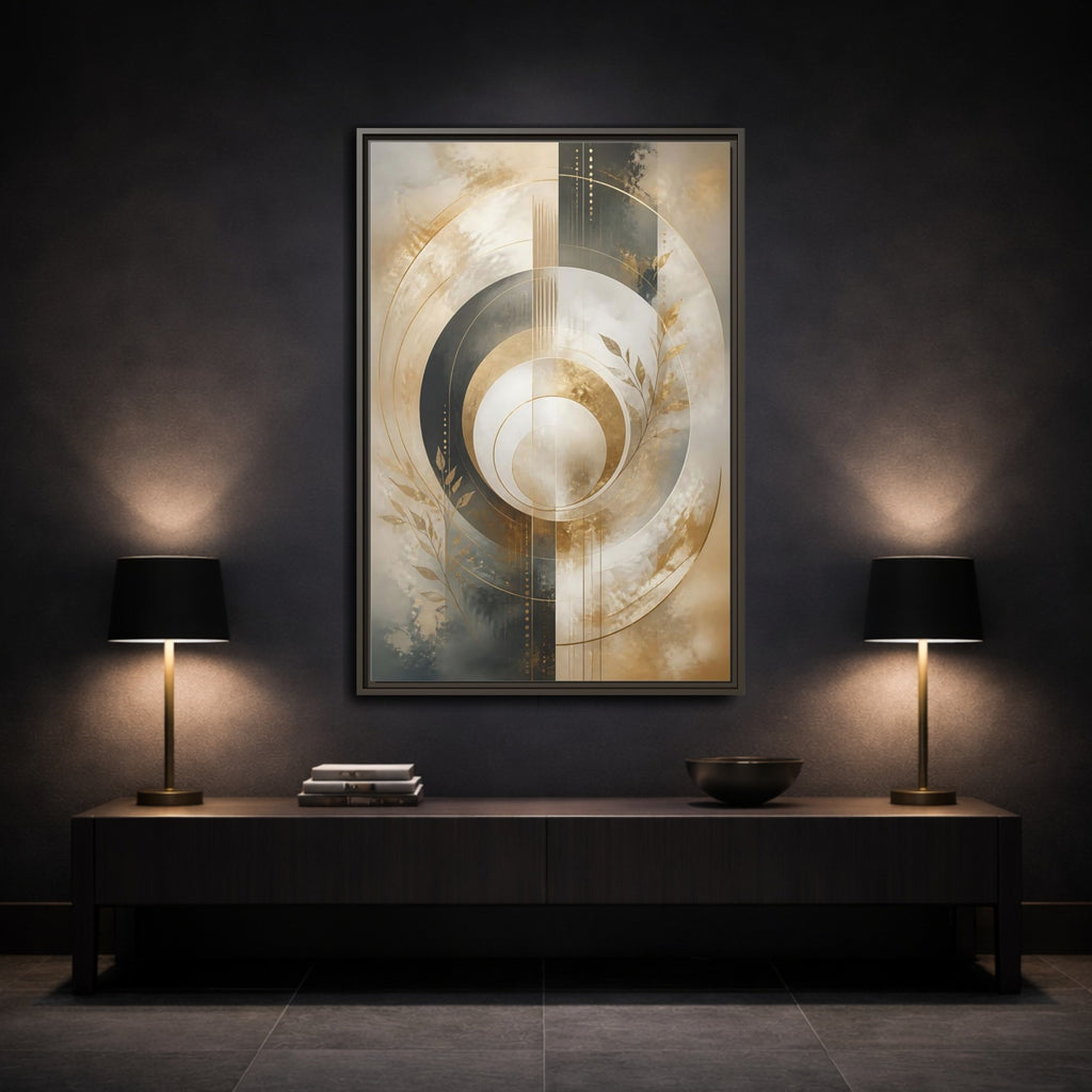 Mockup 3. Abstract Geometric Circles Gold And Gray Abstract shown as stretched canvas wall art
