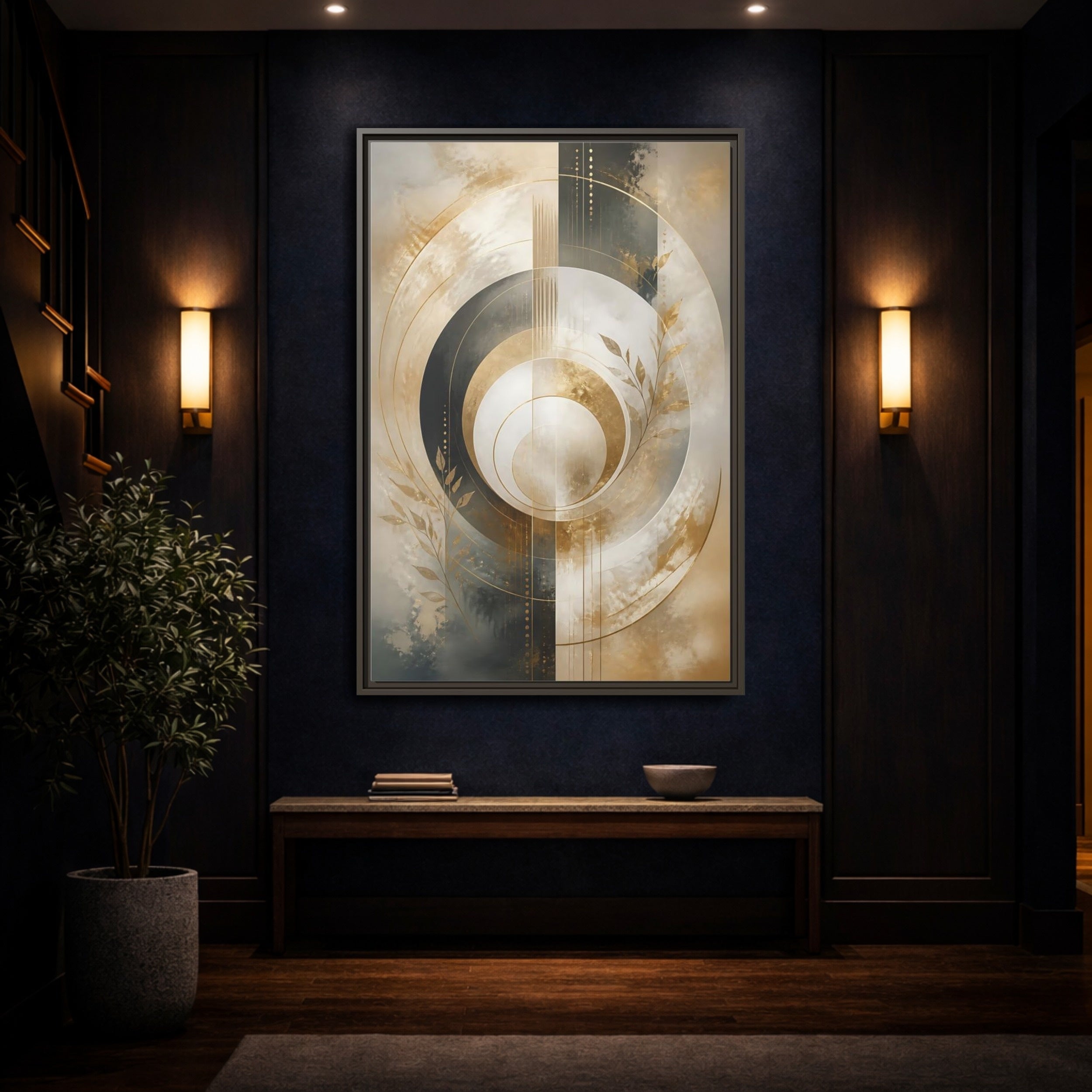 Mockup 4. Abstract Geometric Circles Gold And Gray Abstract shown as stretched canvas wall art