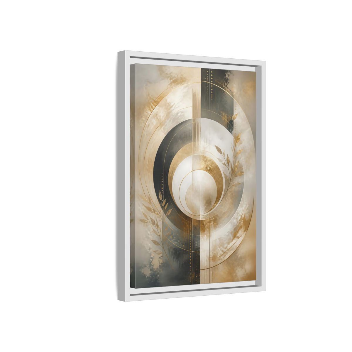 Side Mockup 4. Abstract Geometric Circles Gold And Gray Abstract shown as stretched canvas wall art