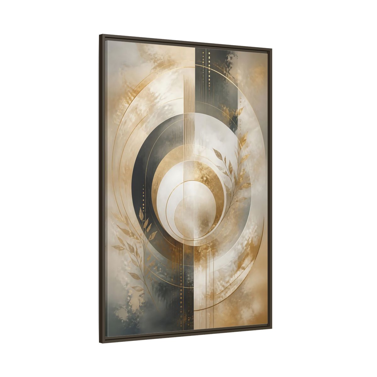 Side Mockup 8. Abstract Geometric Circles Gold And Gray Abstract shown as stretched canvas wall art