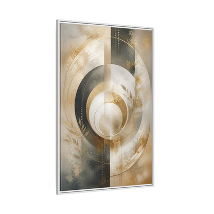 Side Mockup 7. Abstract Geometric Circles Gold And Gray Abstract shown as stretched canvas wall art