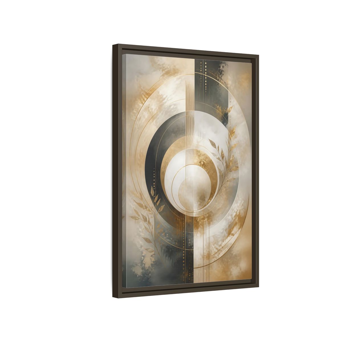 Side Mockup 2. Abstract Geometric Circles Gold And Gray Abstract shown as stretched canvas wall art