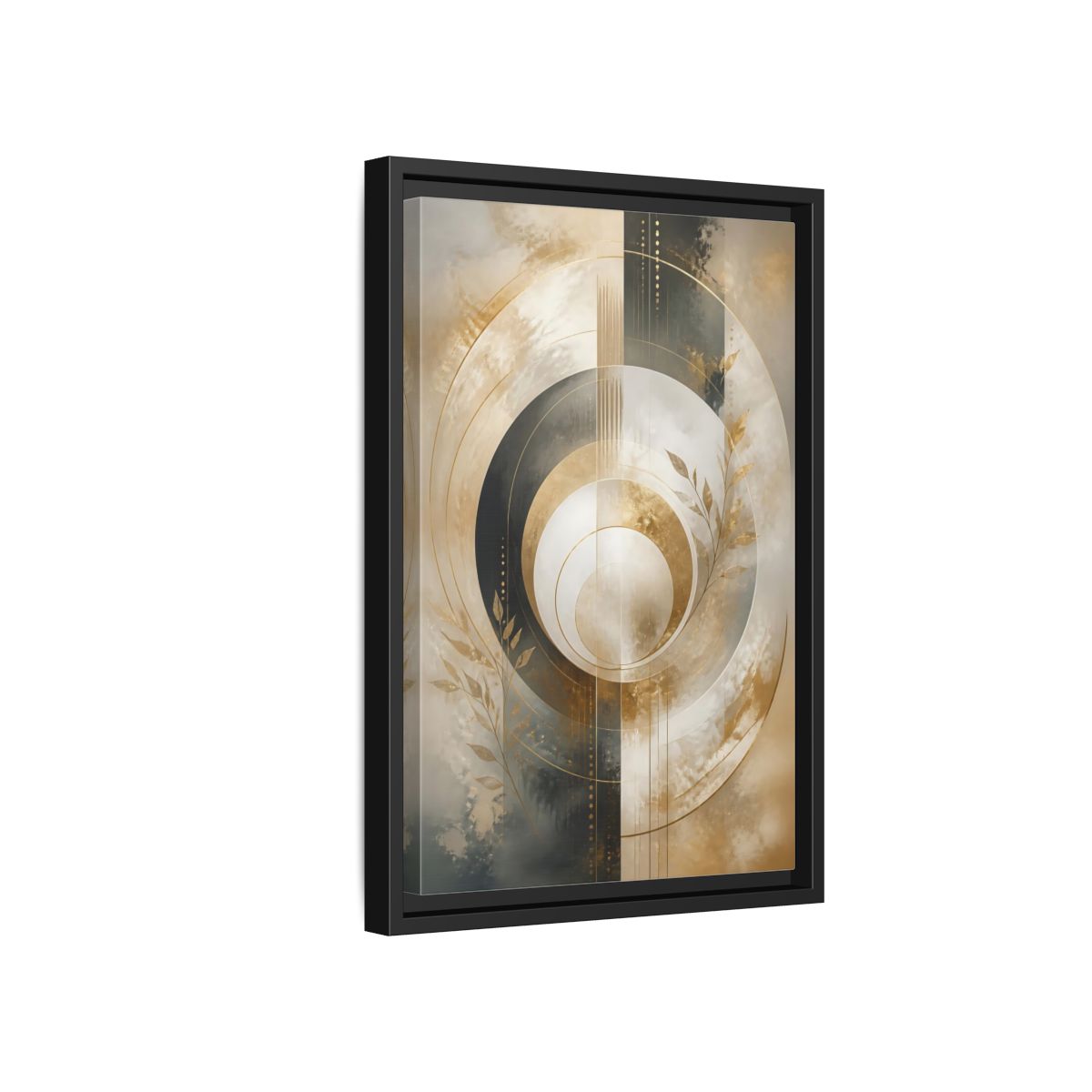 Side Mockup 6. Abstract Geometric Circles Gold And Gray Abstract shown as stretched canvas wall art