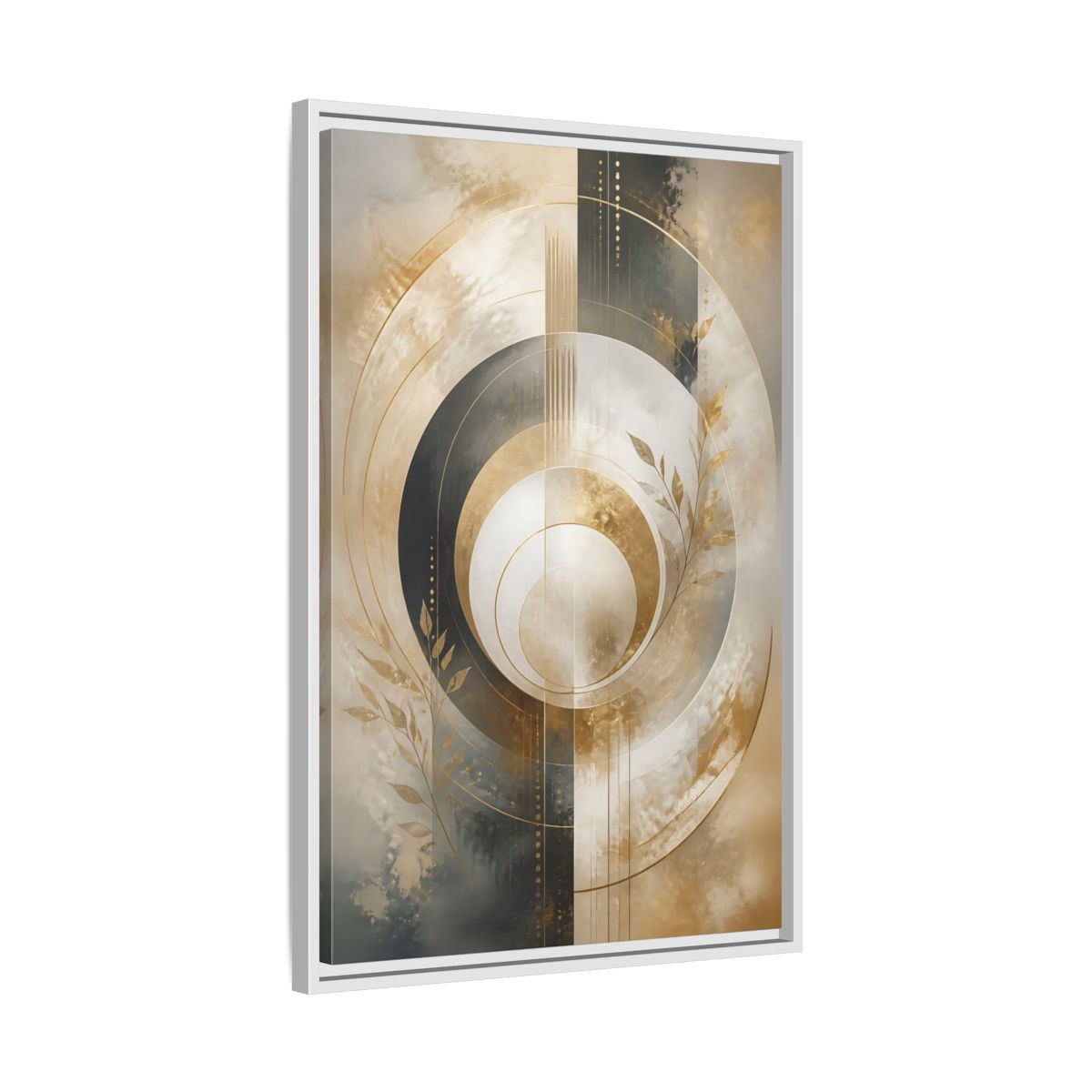 Side Mockup 10. Abstract Geometric Circles Gold And Gray Abstract shown as stretched canvas wall art