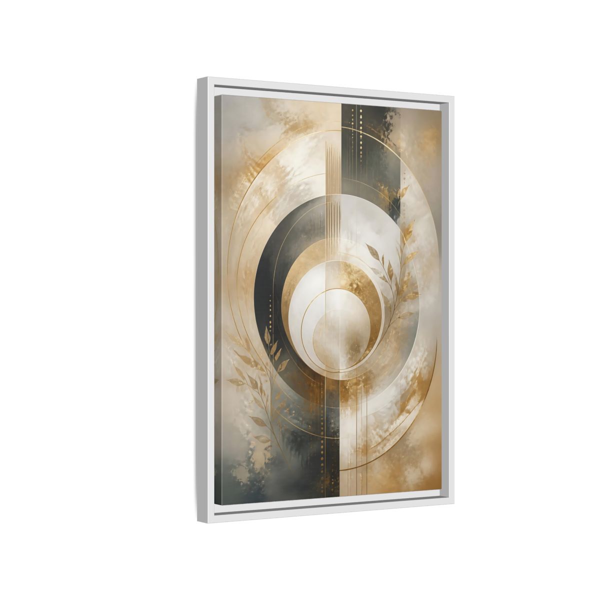Side Mockup 1. Abstract Geometric Circles Gold And Gray Abstract shown as stretched canvas wall art