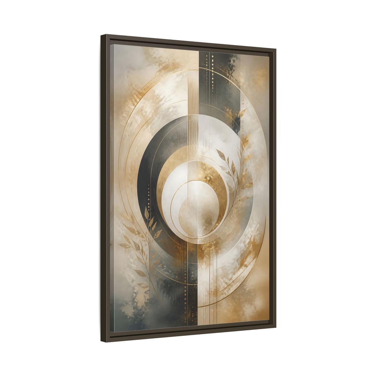 Side Mockup 11. Abstract Geometric Circles Gold And Gray Abstract shown as stretched canvas wall art