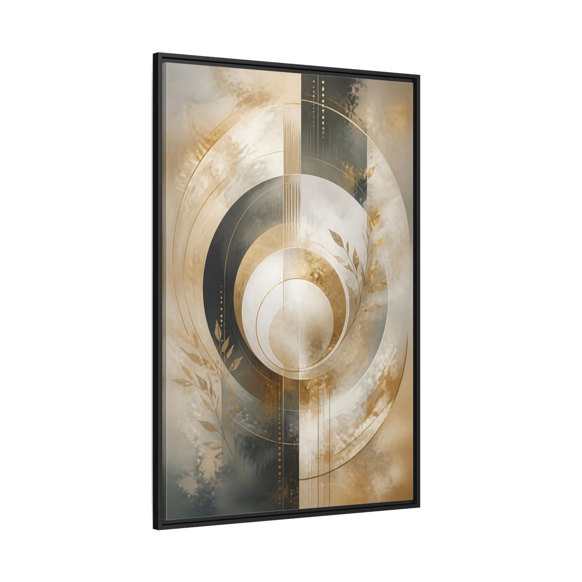 Side Mockup 12. Abstract Geometric Circles Gold And Gray Abstract shown as stretched canvas wall art