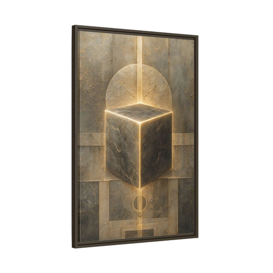 Main Mockup. Abstract Geometric Cube Brown And Gold shown as stretched canvas wall art