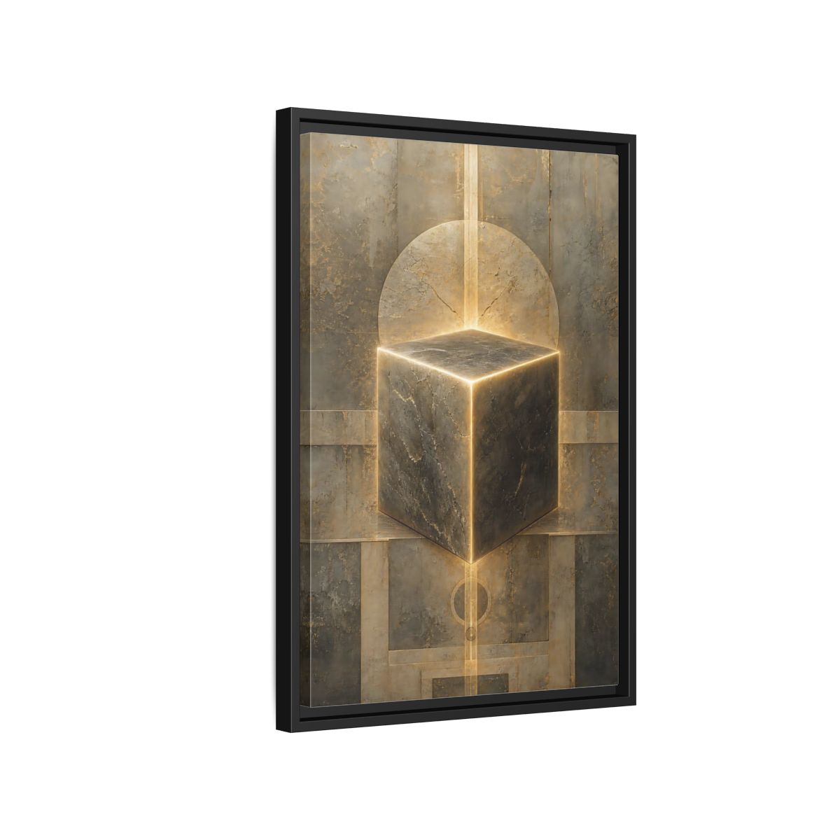 Side Mockup 3. Abstract Geometric Cube Brown And Gold shown as stretched canvas wall art