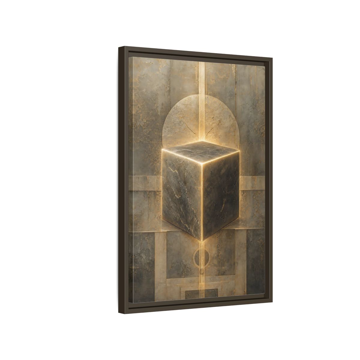 Side Mockup 2. Abstract Geometric Cube Brown And Gold shown as stretched canvas wall art