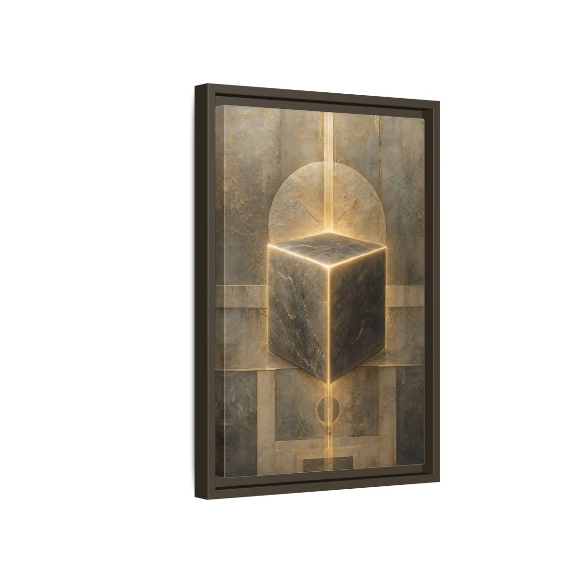 Side Mockup 5. Abstract Geometric Cube Brown And Gold shown as stretched canvas wall art
