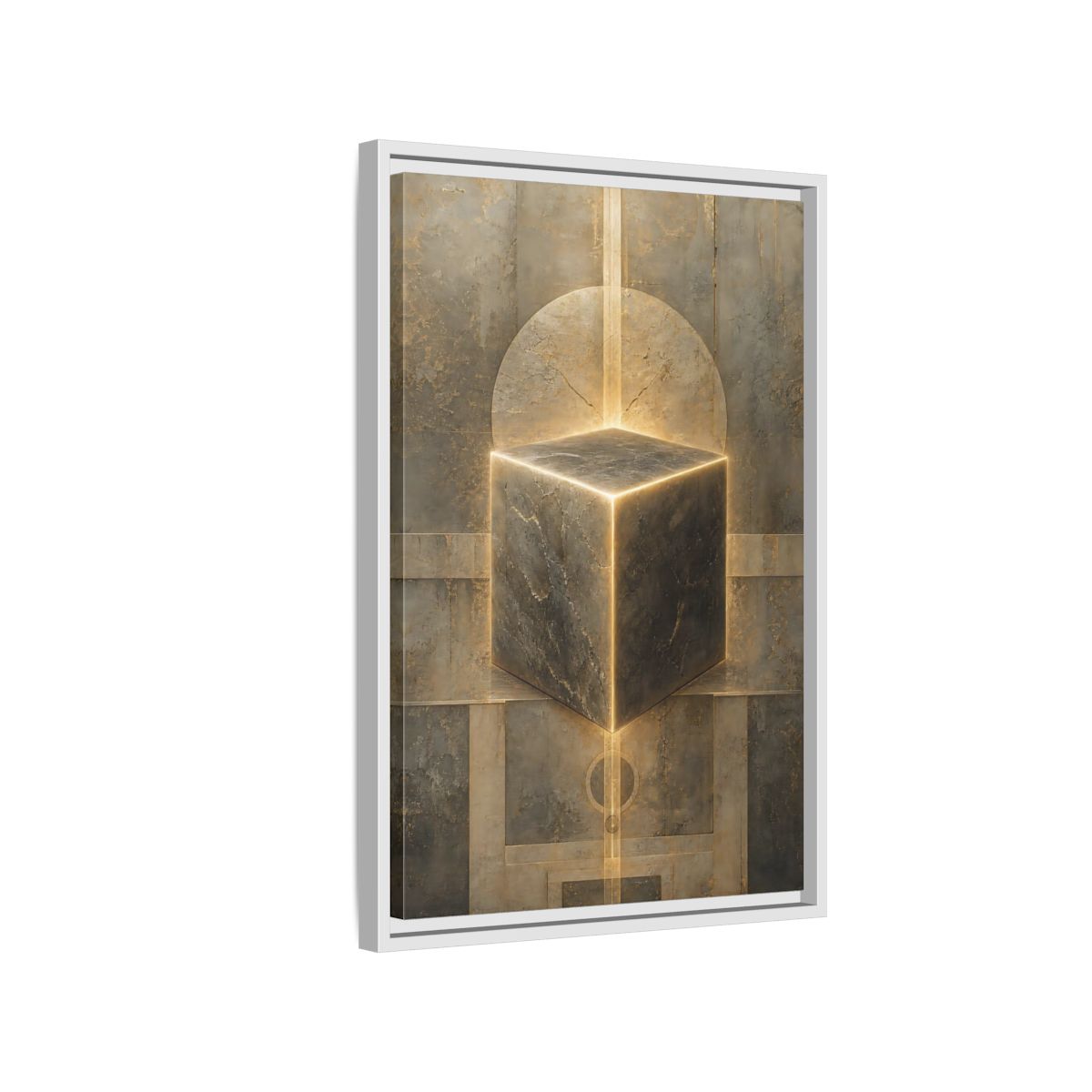 Side Mockup 1. Abstract Geometric Cube Brown And Gold shown as stretched canvas wall art