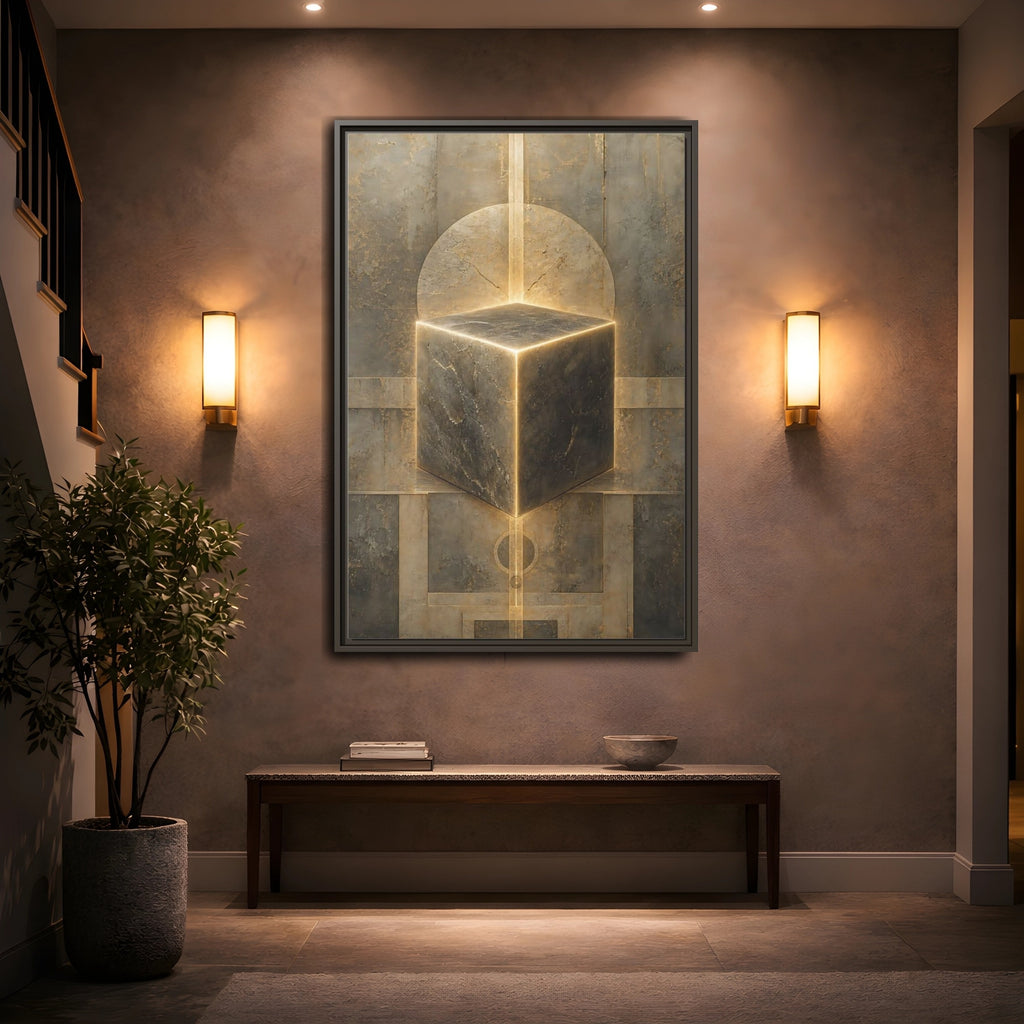 Mockup 2. Abstract Geometric Cube Brown And Gold shown as stretched canvas wall art