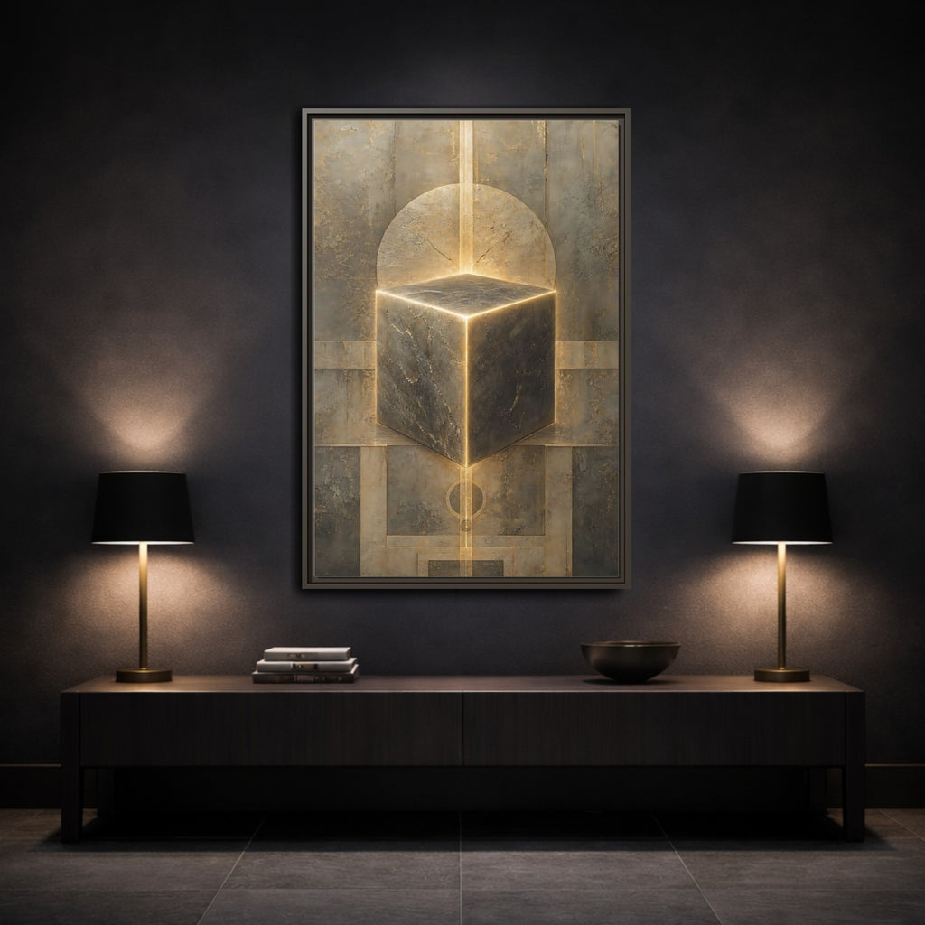 Mockup 3. Abstract Geometric Cube Brown And Gold shown as stretched canvas wall art