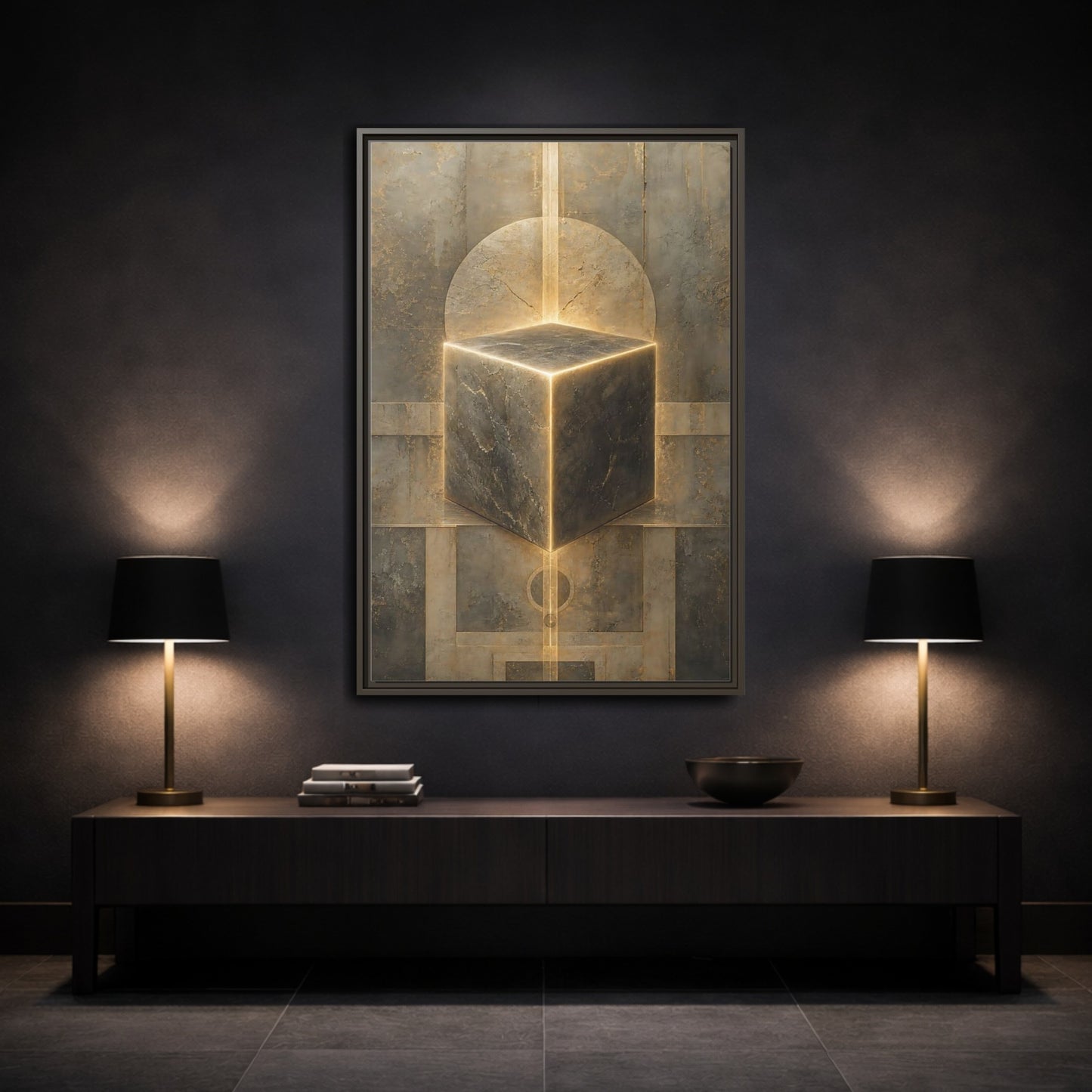 Mockup 3. Abstract Geometric Cube Brown And Gold shown as stretched canvas wall art