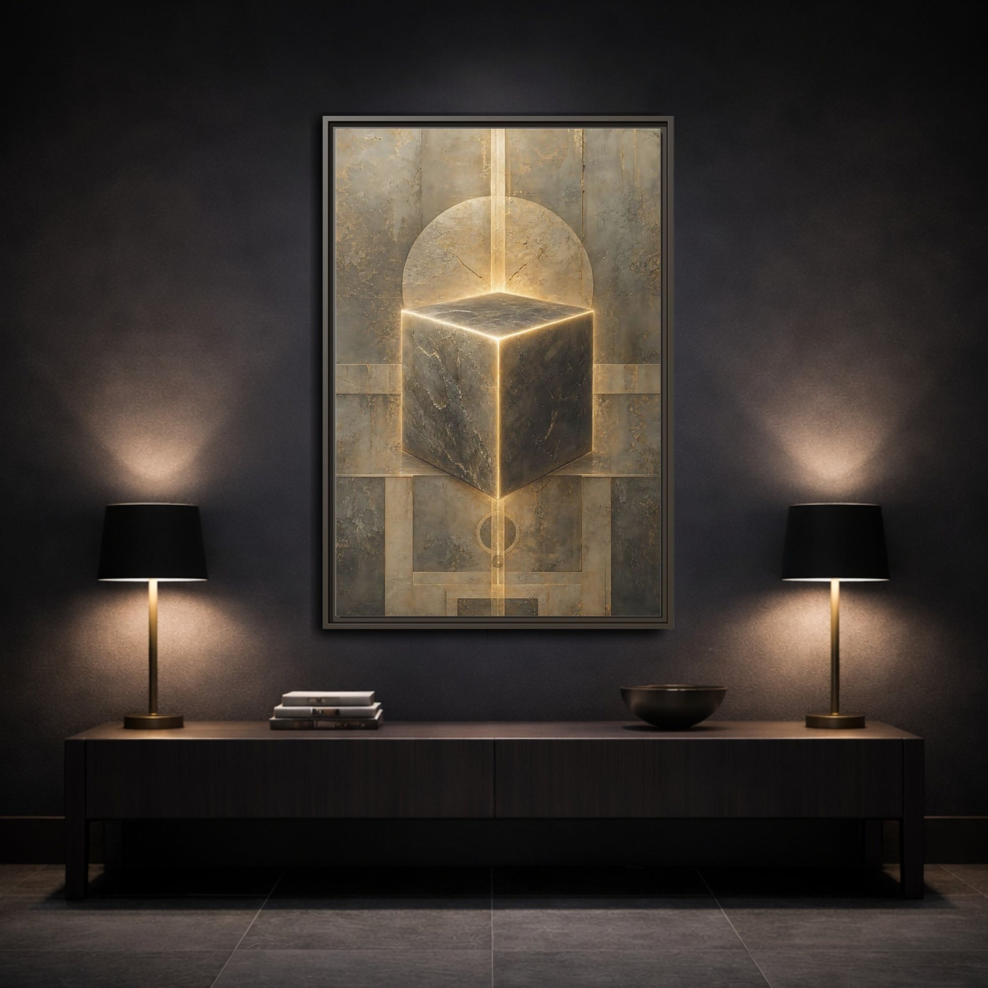 Mockup 3. Abstract Geometric Cube Brown And Gold shown as stretched canvas wall art