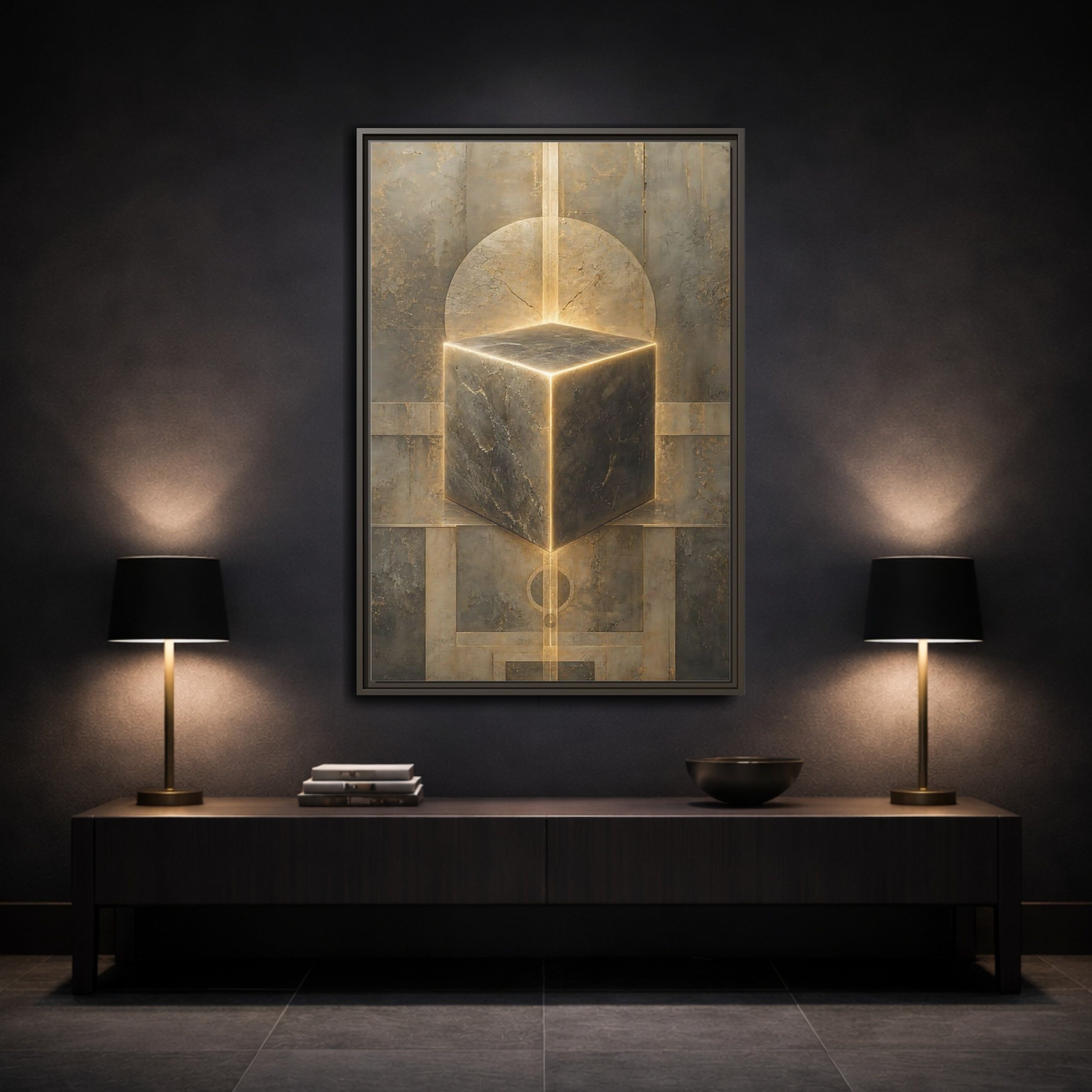 Mockup 3. Abstract Geometric Cube Brown And Gold shown as stretched canvas wall art