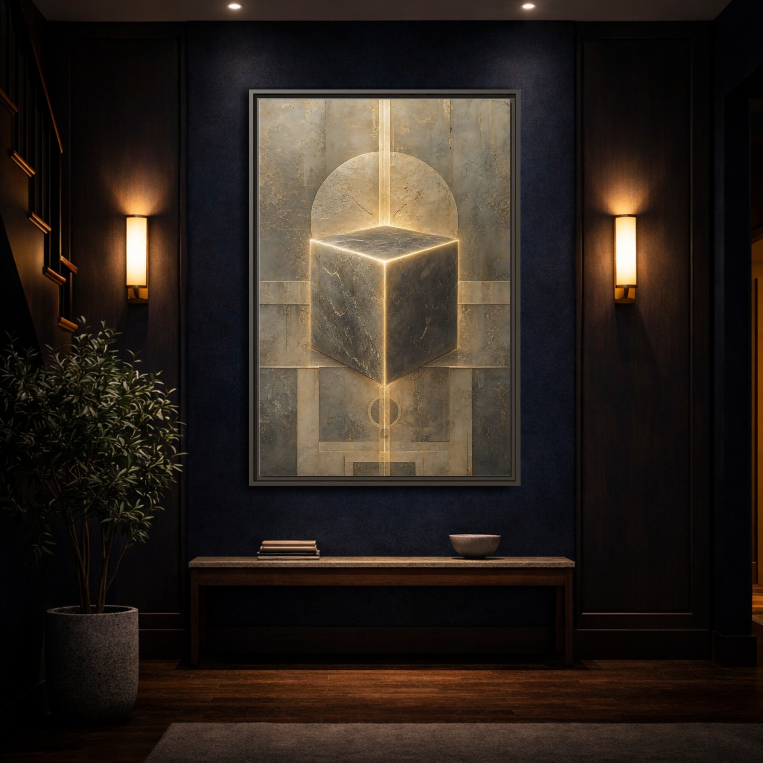 Mockup 4. Abstract Geometric Cube Brown And Gold shown as stretched canvas wall art