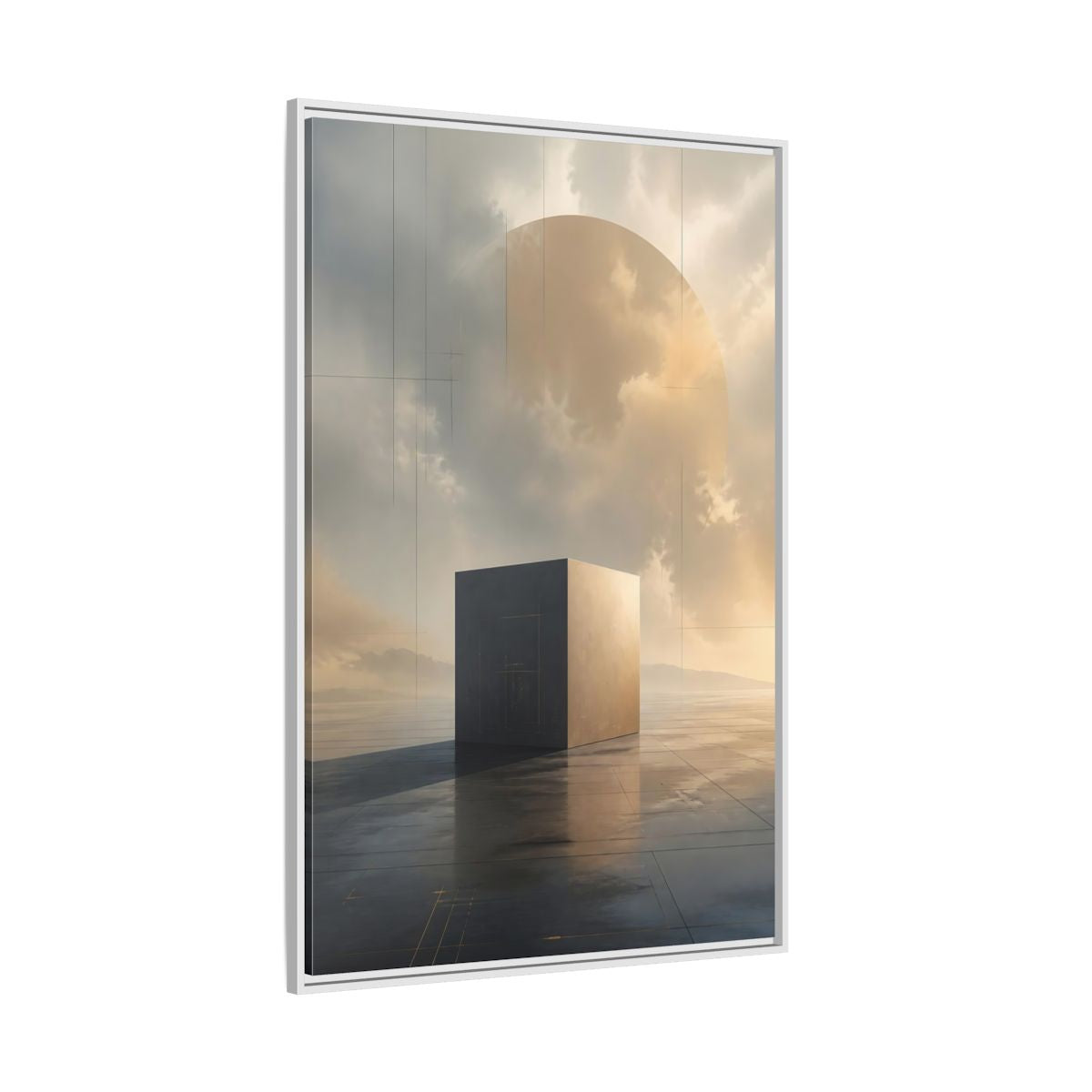Side Mockup 7. Abstract Geometric Cube Grey And Gold shown as stretched canvas wall art