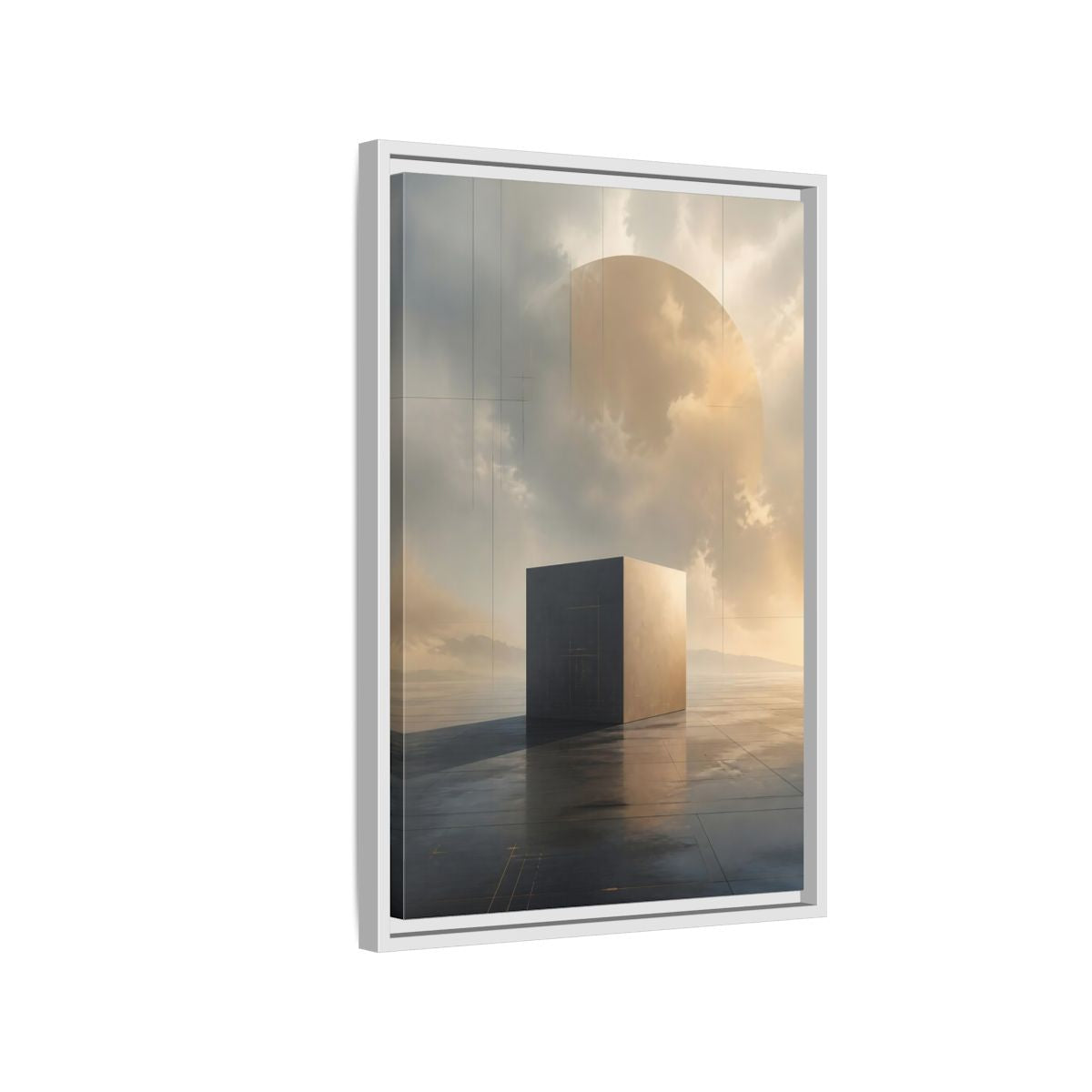 Side Mockup 1. Abstract Geometric Cube Grey And Gold shown as stretched canvas wall art