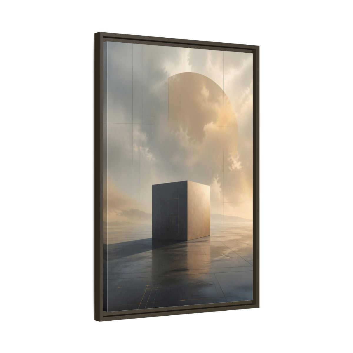 Side Mockup 11. Abstract Geometric Cube Grey And Gold shown as stretched canvas wall art