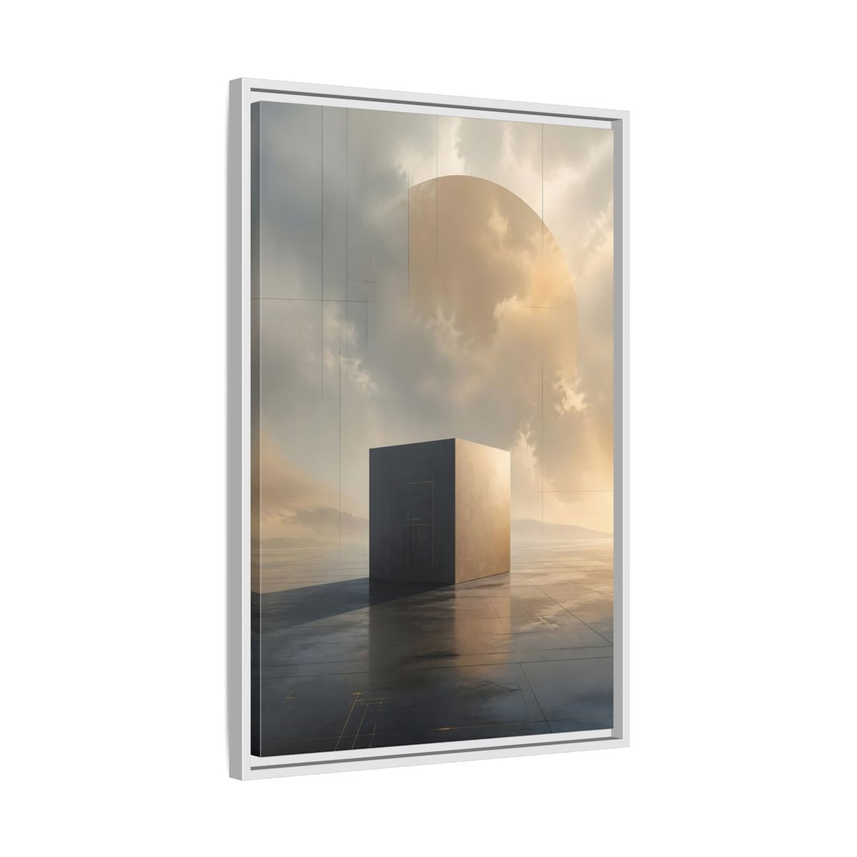 Side Mockup 10. Abstract Geometric Cube Grey And Gold shown as stretched canvas wall art