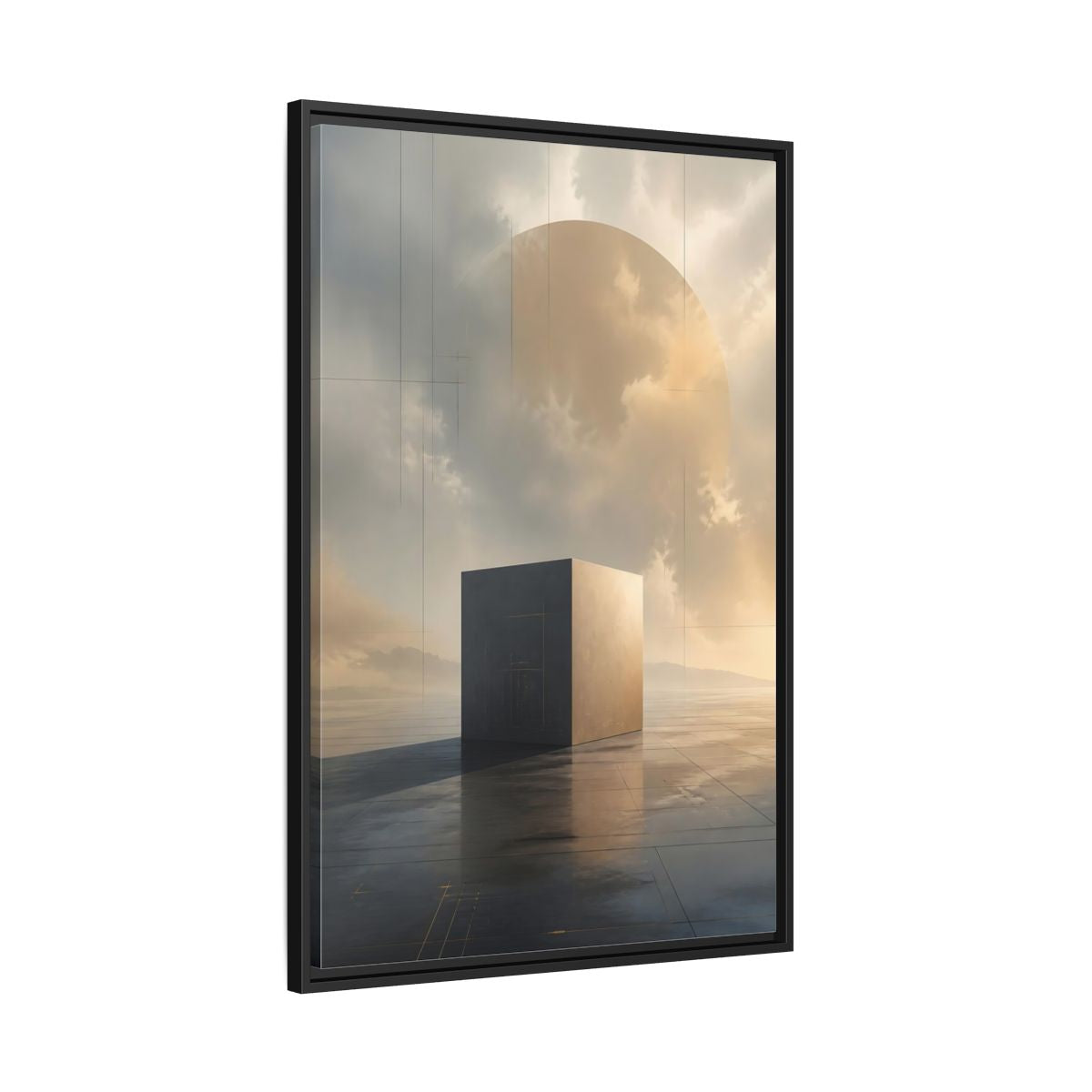 Side Mockup 13. Abstract Geometric Cube Grey And Gold shown as stretched canvas wall art