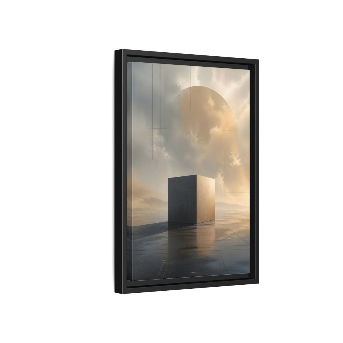 Side Mockup 6. Abstract Geometric Cube Grey And Gold shown as stretched canvas wall art