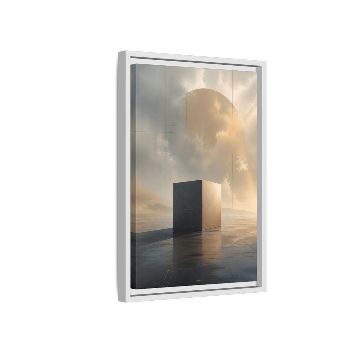 Side Mockup 4. Abstract Geometric Cube Grey And Gold shown as stretched canvas wall art