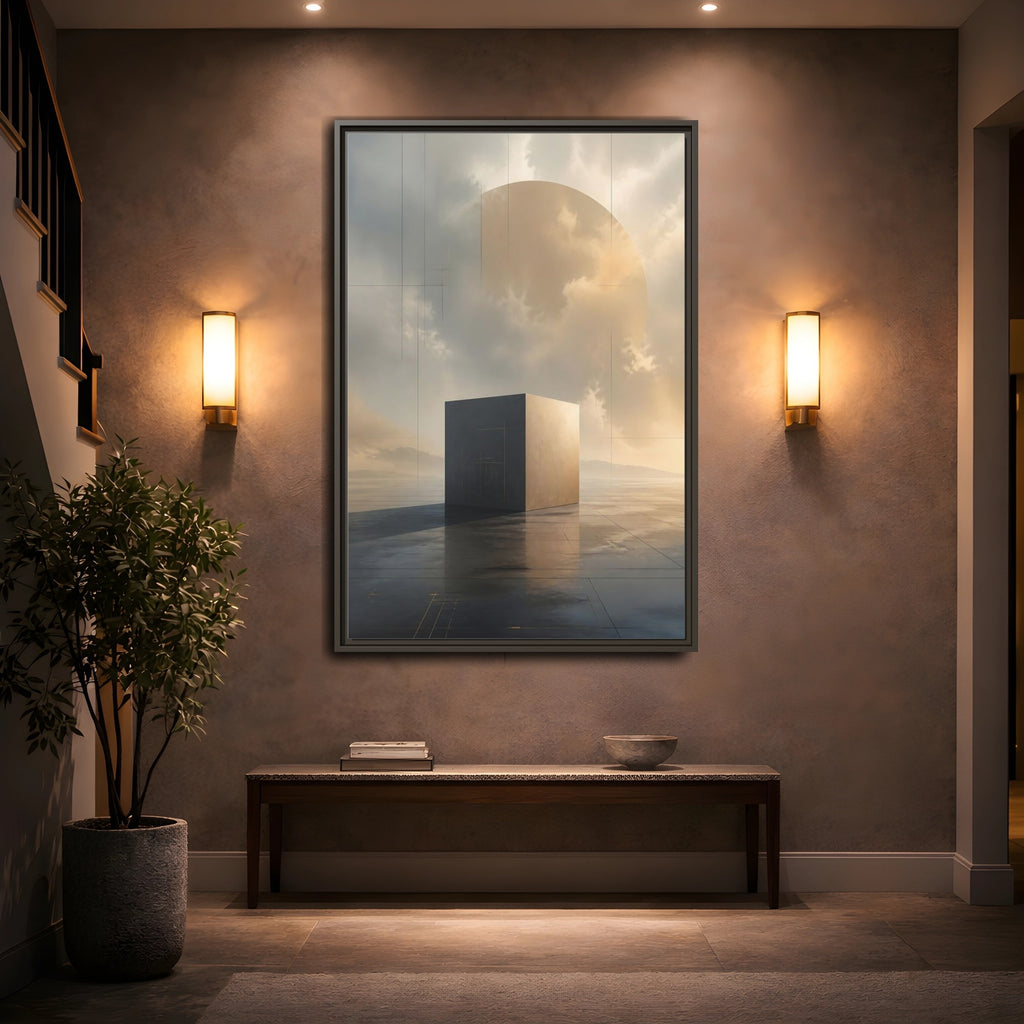 Mockup 2. Abstract Geometric Cube Grey And Gold shown as stretched canvas wall art