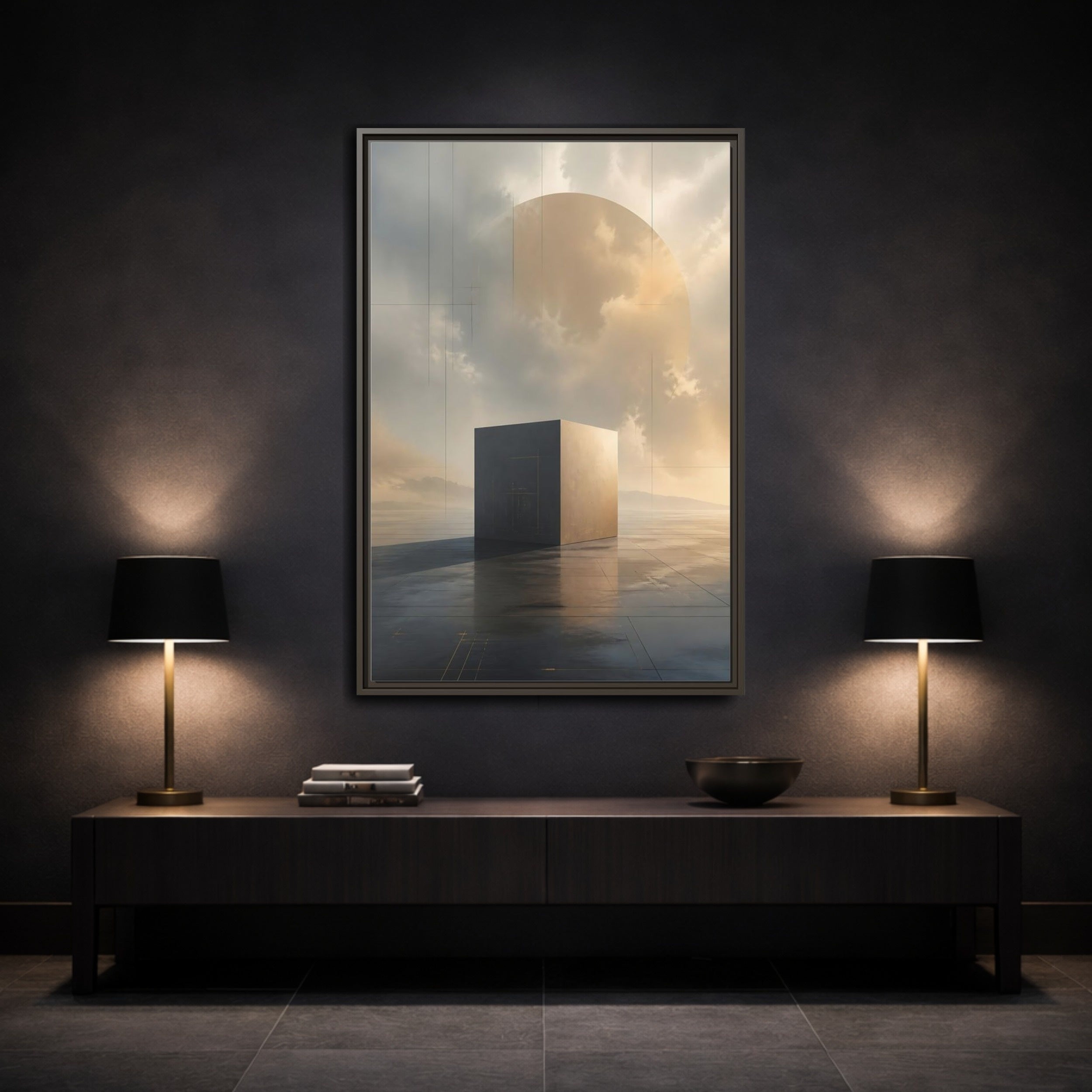 Mockup 3. Abstract Geometric Cube Grey And Gold shown as stretched canvas wall art