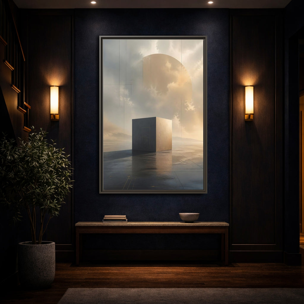 Mockup 4. Abstract Geometric Cube Grey And Gold shown as stretched canvas wall art