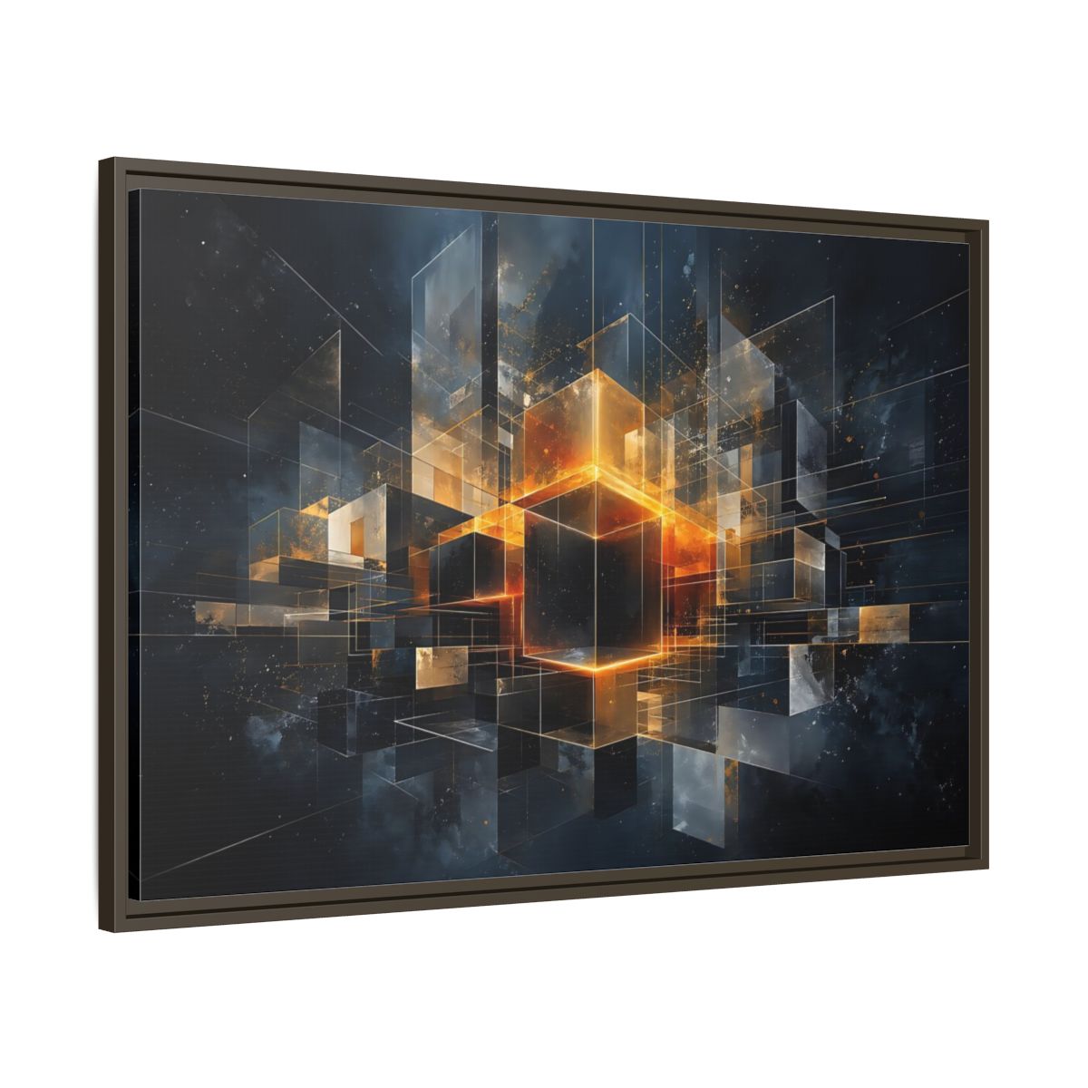 Main Mockup. Abstract Geometric Cubes Dark Gold Cubes shown as stretched canvas wall art