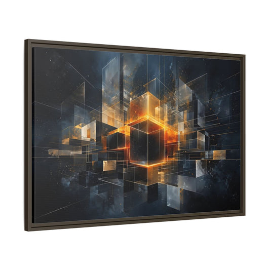 Main Mockup. Abstract Geometric Cubes Dark Gold Cubes shown as stretched canvas wall art