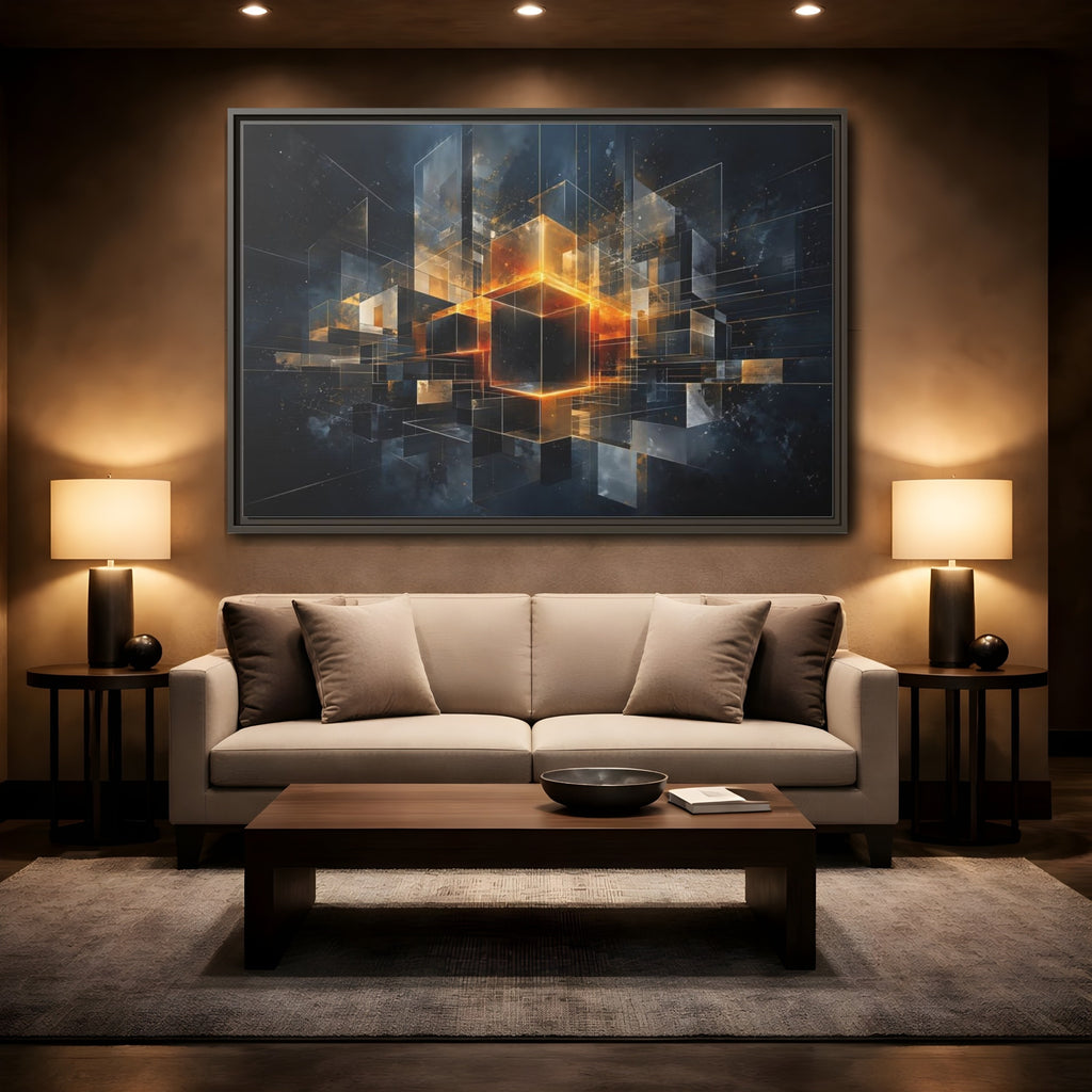 Mockup 2. Abstract Geometric Cubes Dark Gold Cubes shown as stretched canvas wall art