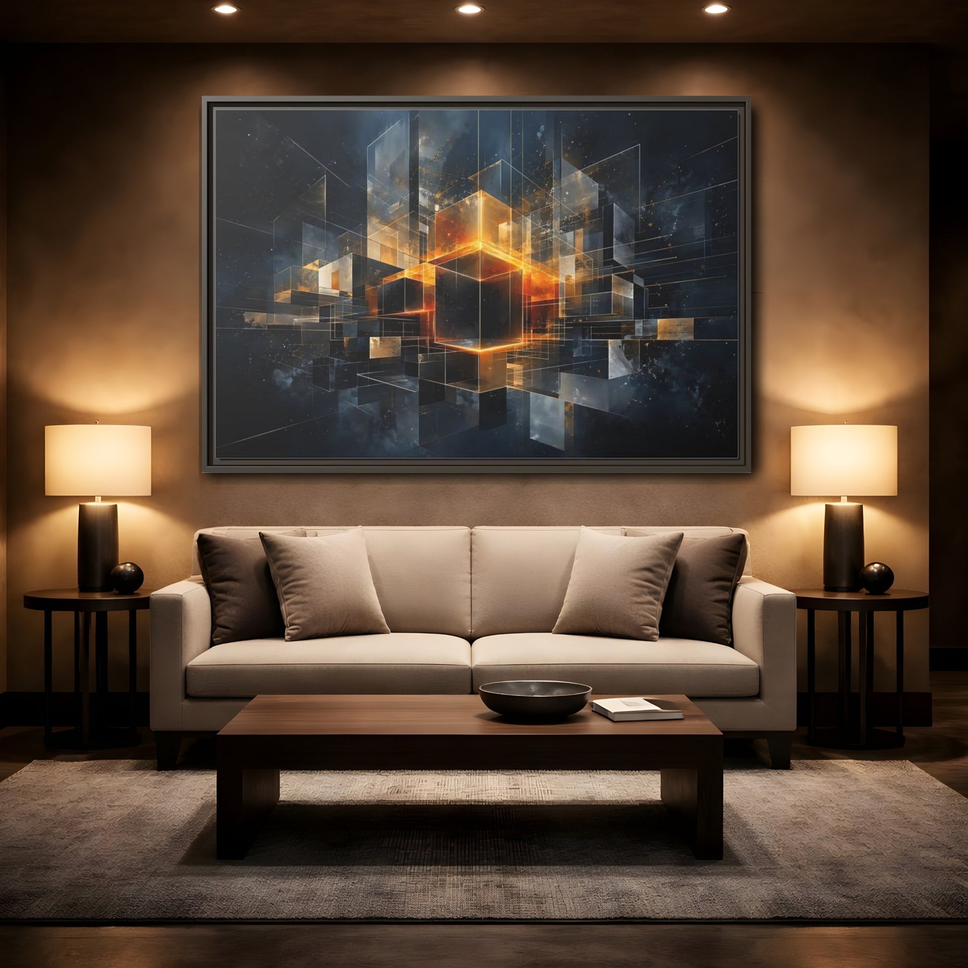 Mockup 2. Abstract Geometric Cubes Dark Gold Cubes shown as stretched canvas wall art