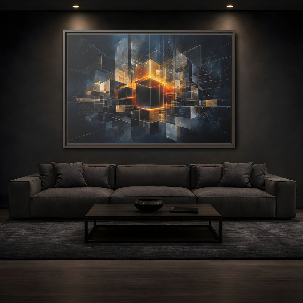 Mockup 3. Abstract Geometric Cubes Dark Gold Cubes shown as stretched canvas wall art