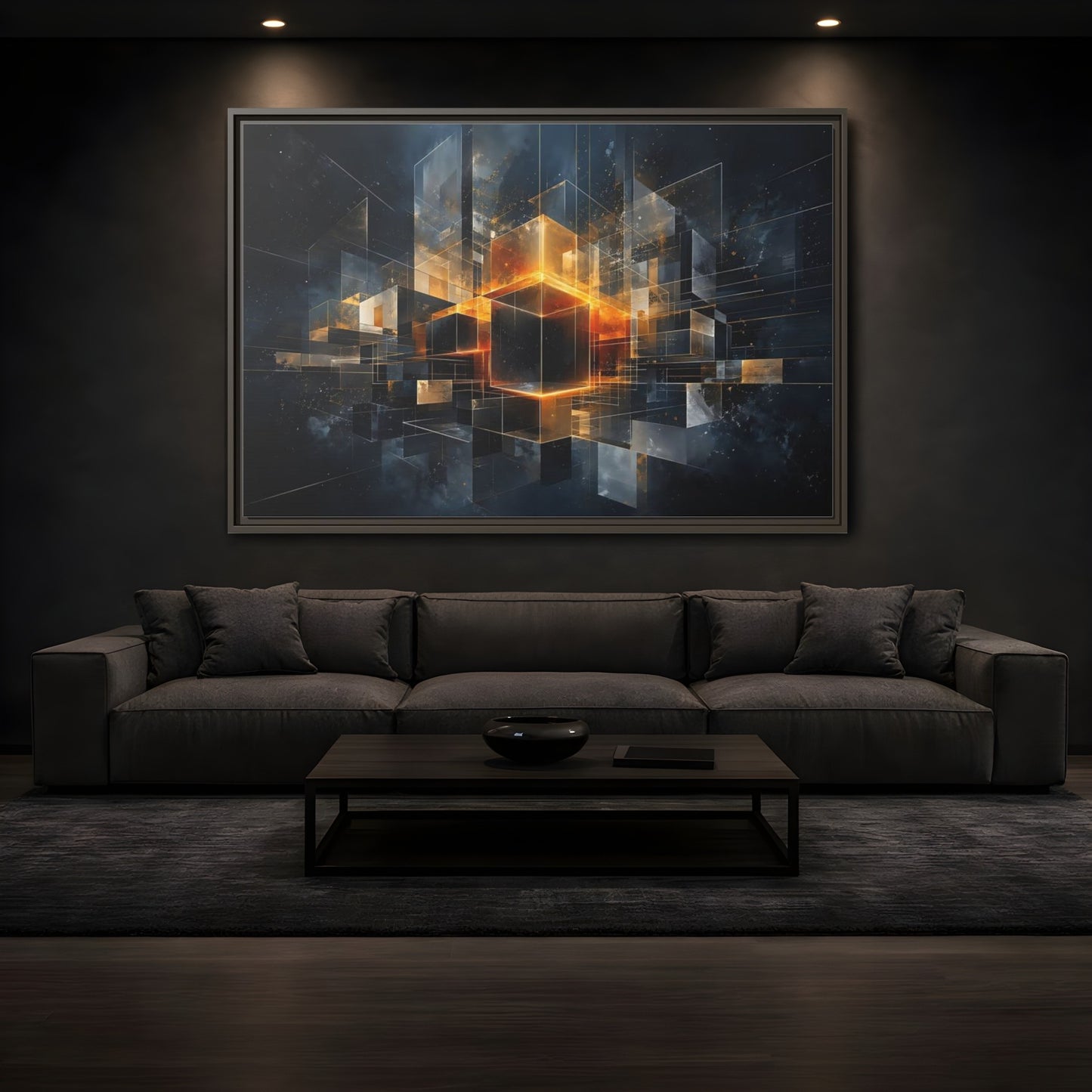 Mockup 3. Abstract Geometric Cubes Dark Gold Cubes shown as stretched canvas wall art
