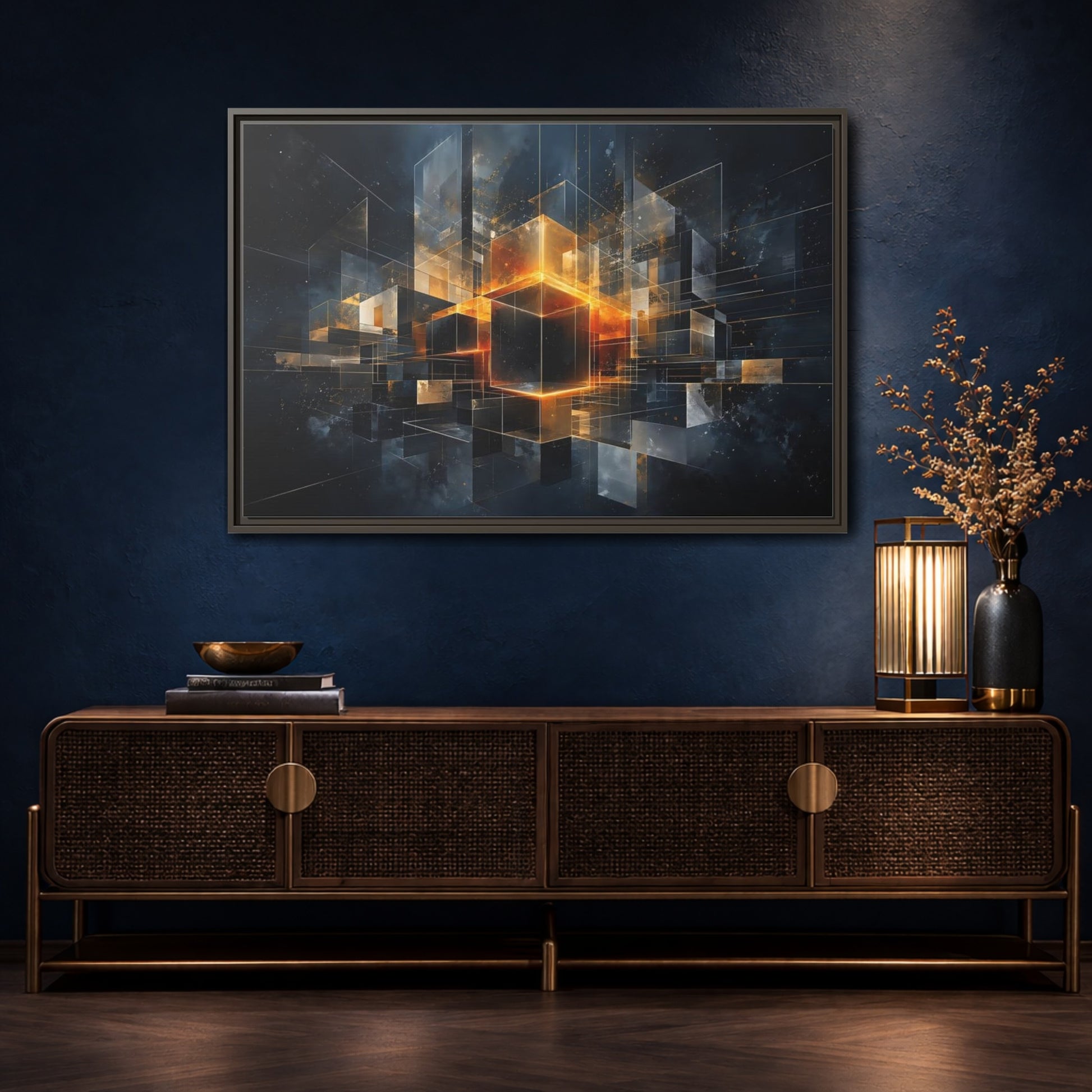 Mockup 4. Abstract Geometric Cubes Dark Gold Cubes shown as stretched canvas wall art