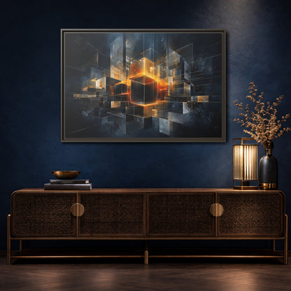 Mockup 4. Abstract Geometric Cubes Dark Gold Cubes shown as stretched canvas wall art