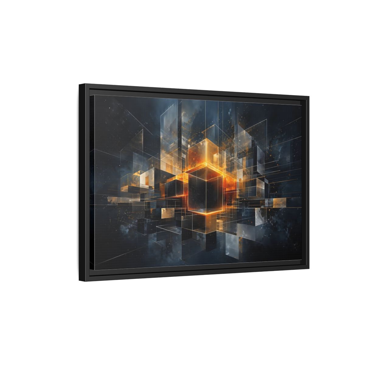Side Mockup 3. Abstract Geometric Cubes Dark Gold Cubes shown as stretched canvas wall art