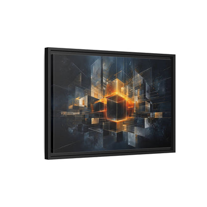 Side Mockup 3. Abstract Geometric Cubes Dark Gold Cubes shown as stretched canvas wall art