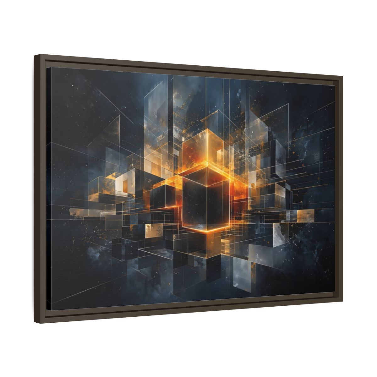 Side Mockup 11. Abstract Geometric Cubes Dark Gold Cubes shown as stretched canvas wall art