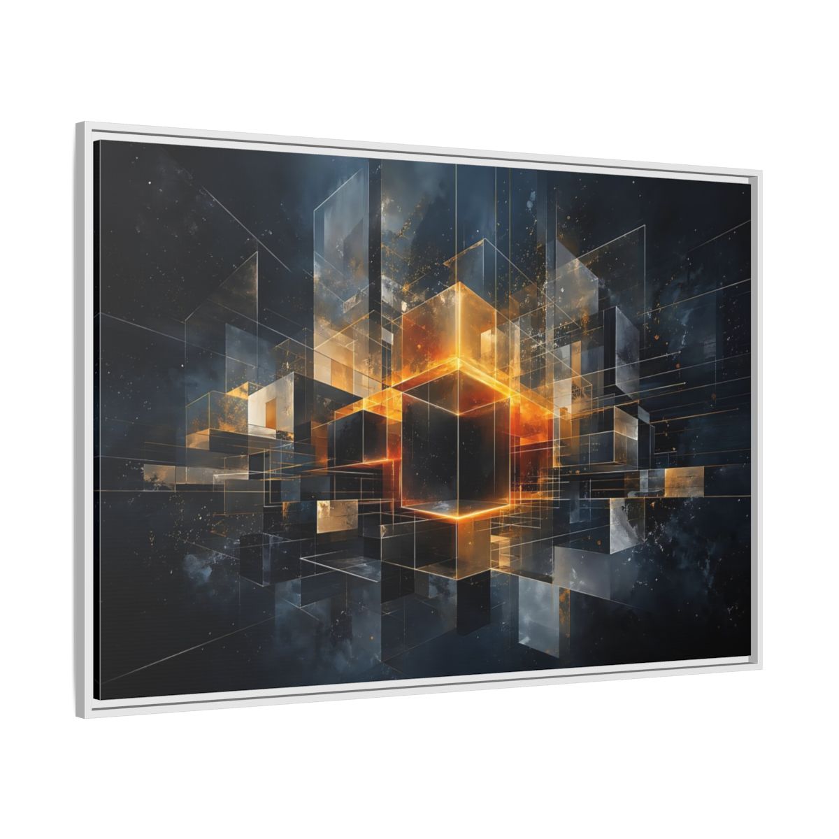 Side Mockup 7. Abstract Geometric Cubes Dark Gold Cubes shown as stretched canvas wall art